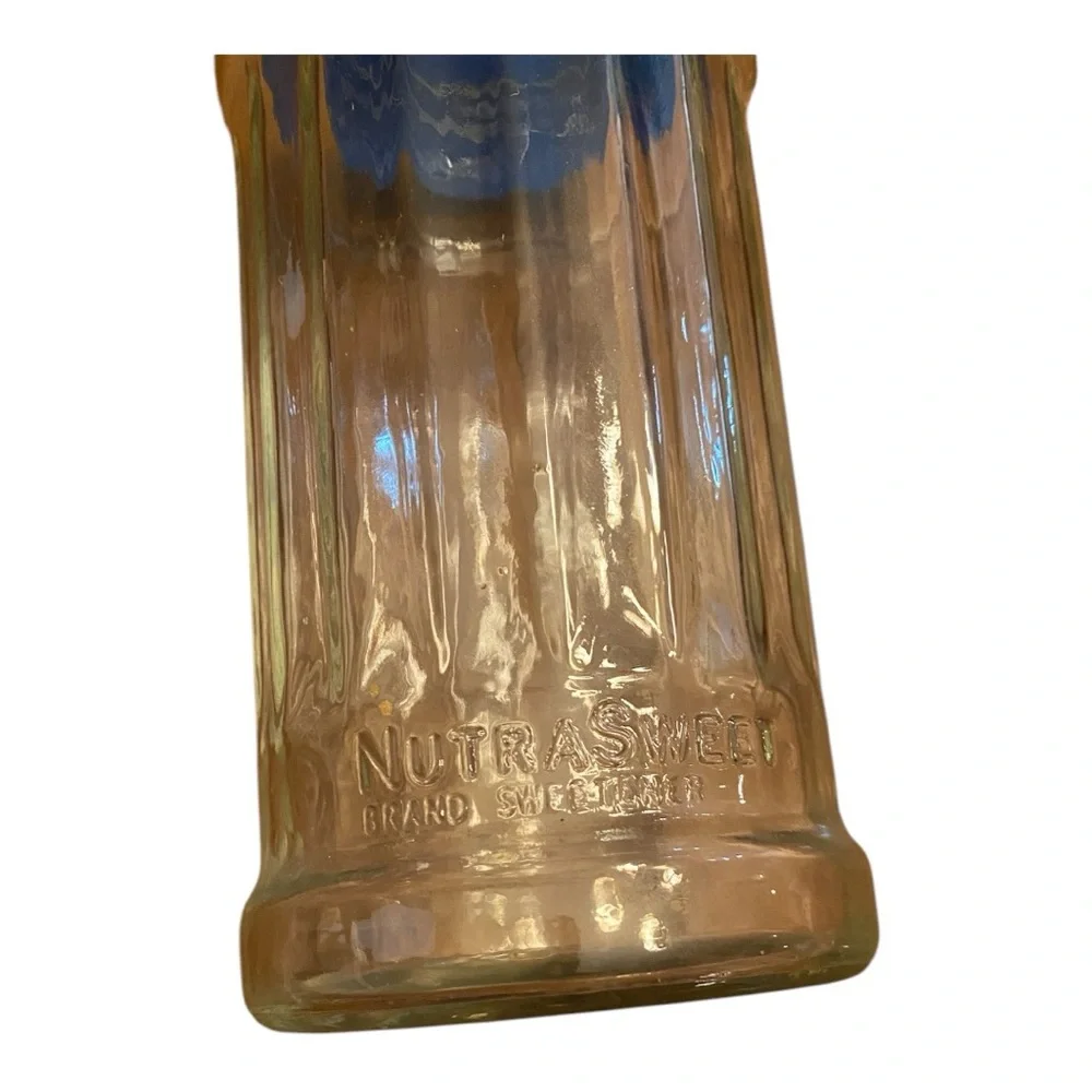 Vintage 1980s NutraSweet Ribbed Glass Counter Jar Retro Shaker Blue